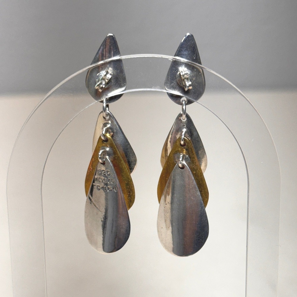Taxco Mexico 925 Sterling Silver Mixed Metal Tiered Teardrop Earrings TC-164 GUC - Picture 10 of 16